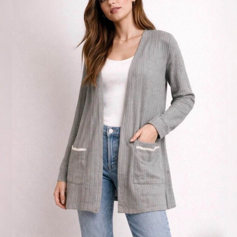 New Blu Pepper - Size L “Cozy Life"Gray Ribbed Open Cardigan Loungewear
